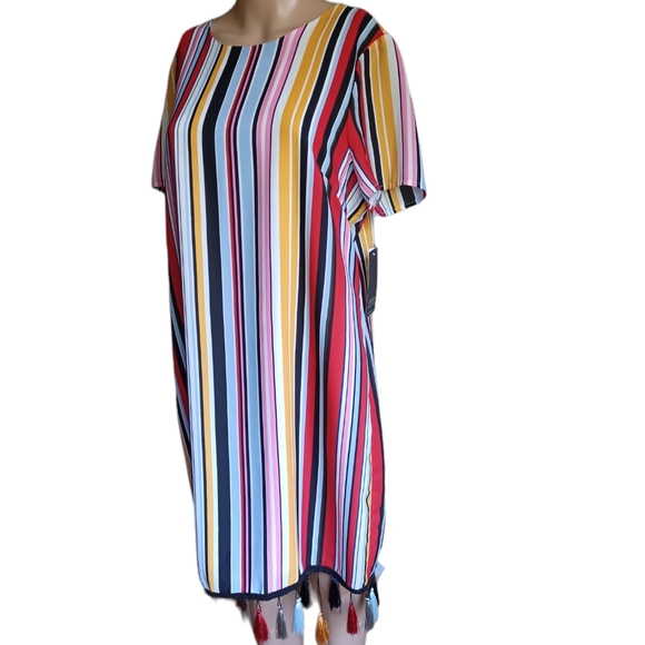 Aidan Mattox Womens Multicolored Stripes Shift Dress Tasseled Scoop Neck Size 14 - Picture 8 of 10